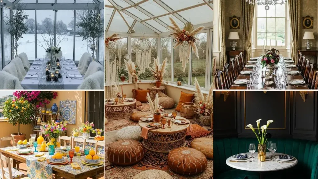 Sfeervolle styling voor een intiem trouwontbijt: verschillende settings en stijlen.