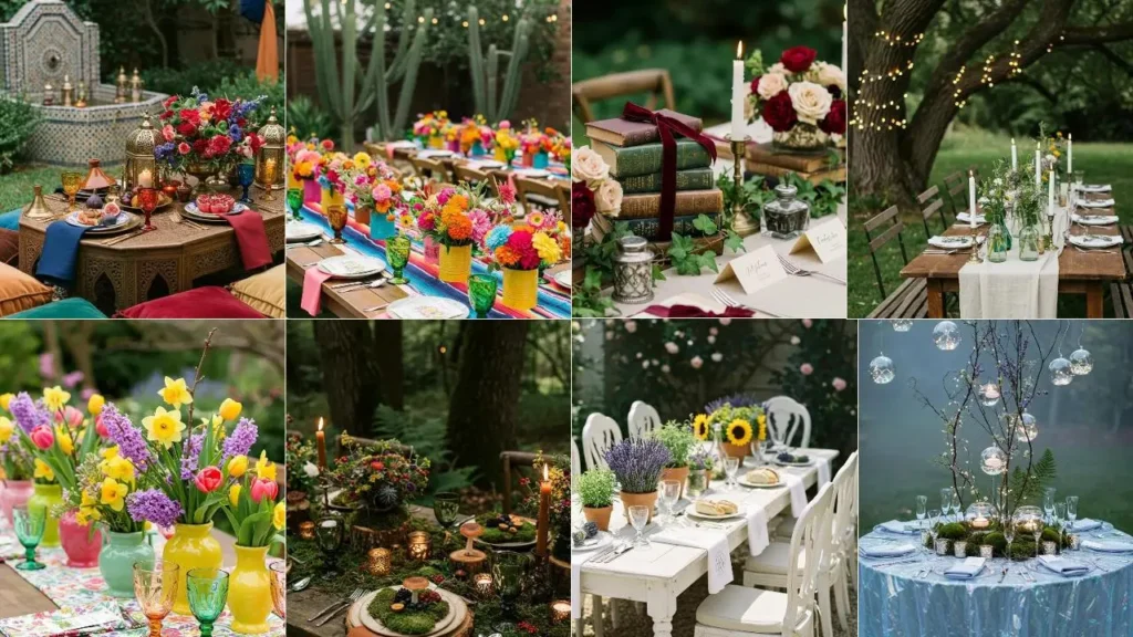 Inspiratie voor tafeldecoratie voor een tuinbruiloft: bloemen, kaarsen en andere stijlvolle arrangementen.