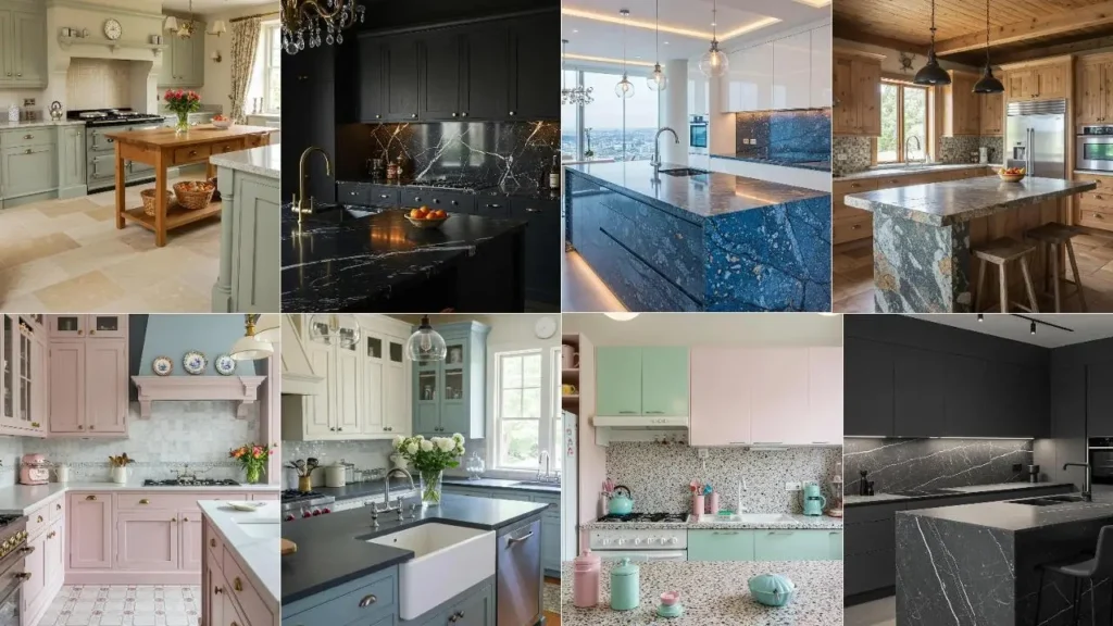 Collage van 8 keukens met natuursteen bladen. Van klassiek tot modern, luxe designs.