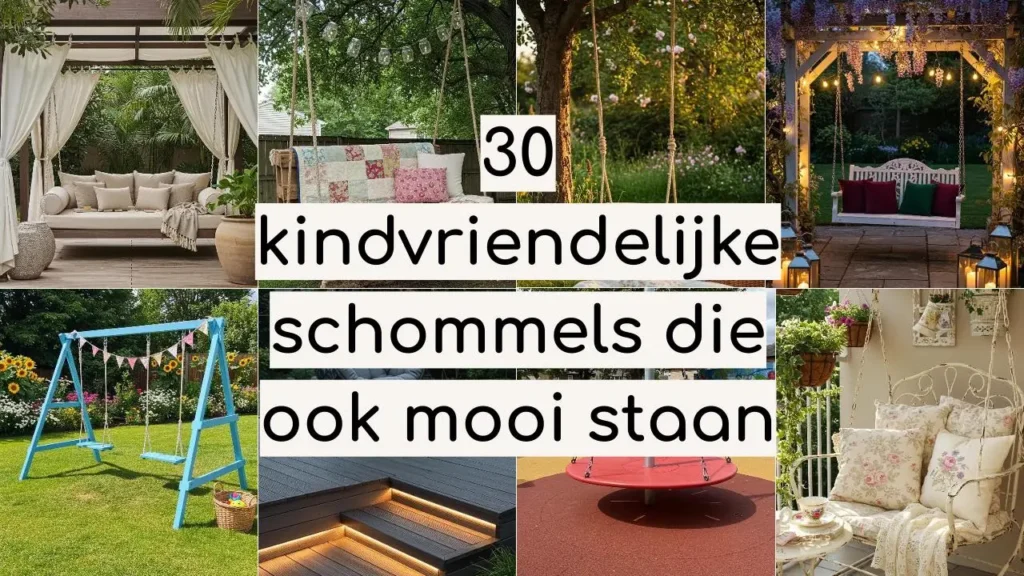 Collage van 30 kindvriendelijke schommels in diverse tuinen en stijlen. Van hangmat tot houten schommel.
