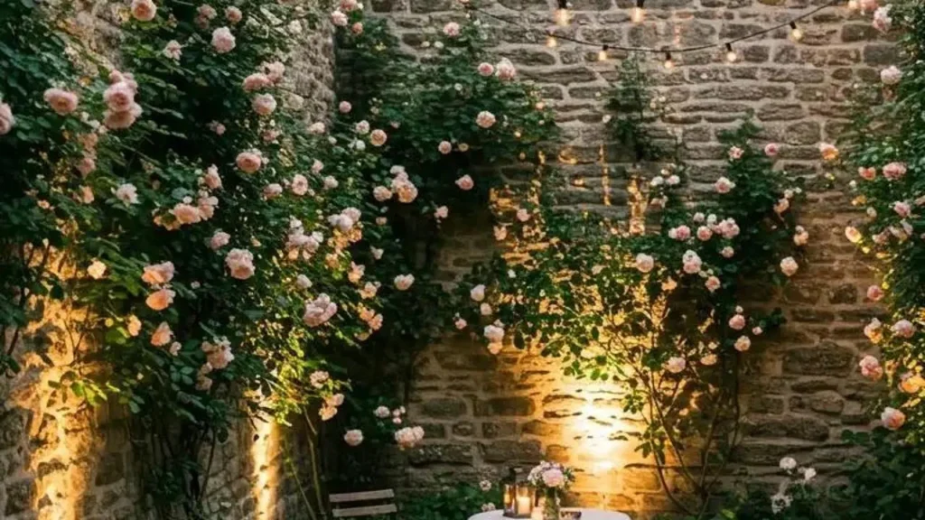 Een sfeervolle tuin met rozen, lichtslingers en warme verlichting, perfecte kleine stylingdetails.