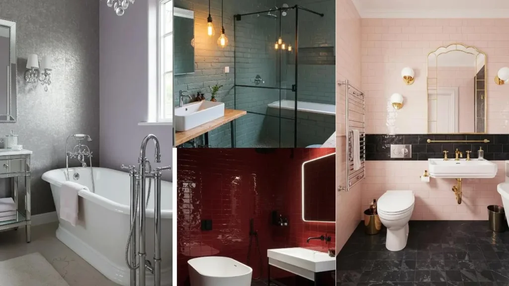 Collage van badkamers met 30 kleurenschema's die aantonen dat badkamers meer kunnen zijn dan een witte doos