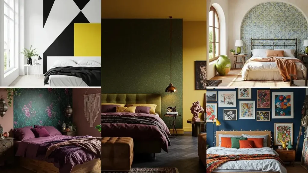 Een collage van kleurrijke slaapkamers met gedurfde accentmuren en unieke kleurcombinaties.