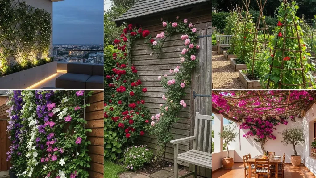 Artistiek geleide klimplanten, van bloeiende rozen tot een paarse bougainvillea pergola.