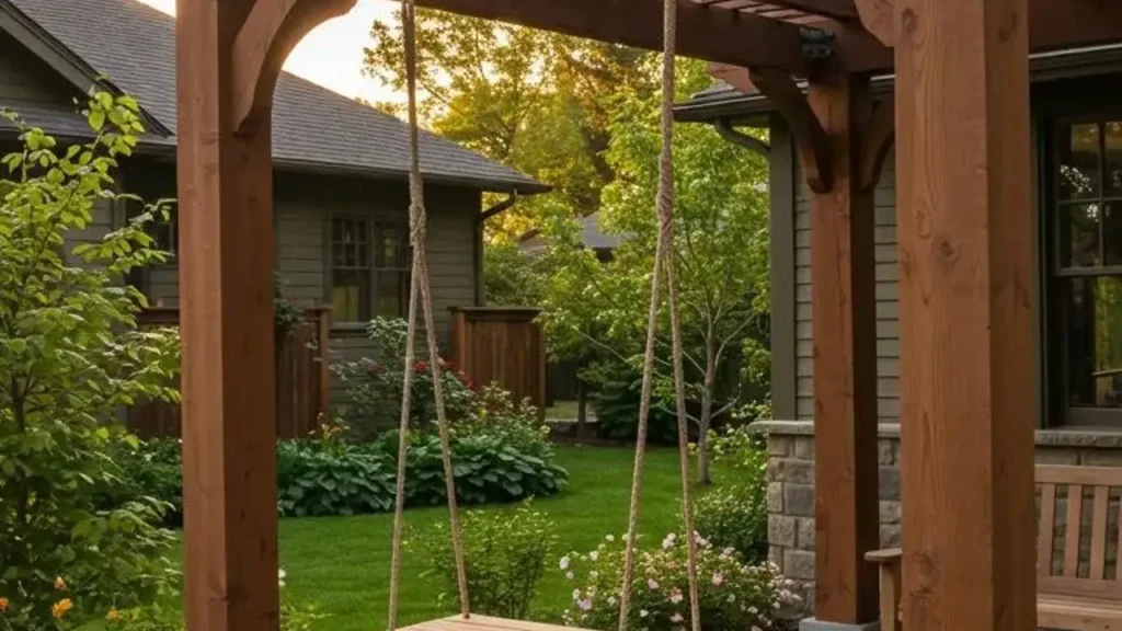 Schommel hangt aan pergola, tuin met bloemen en groen. Een ontspannende plek.