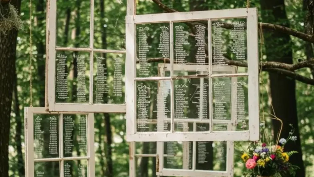 Oude ramen hergebruikt als originele tafelschikking, decoratie-ideeën voor het hergebruiken van oude meubels.