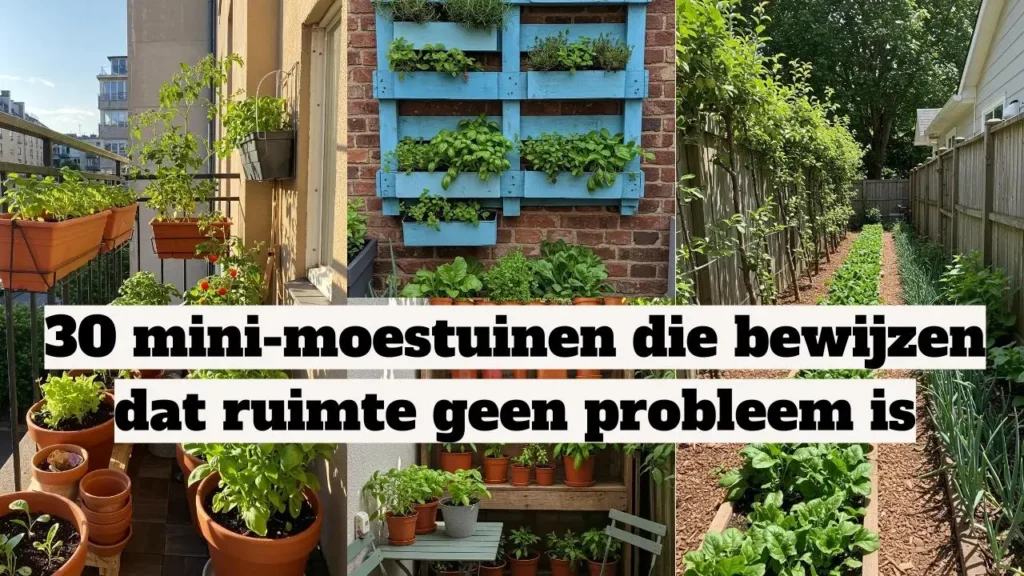 Collage van mini-moestuinen: balkon, blauwe pallet, tuinpad. Bewijs dat ruimte geen probleem is!