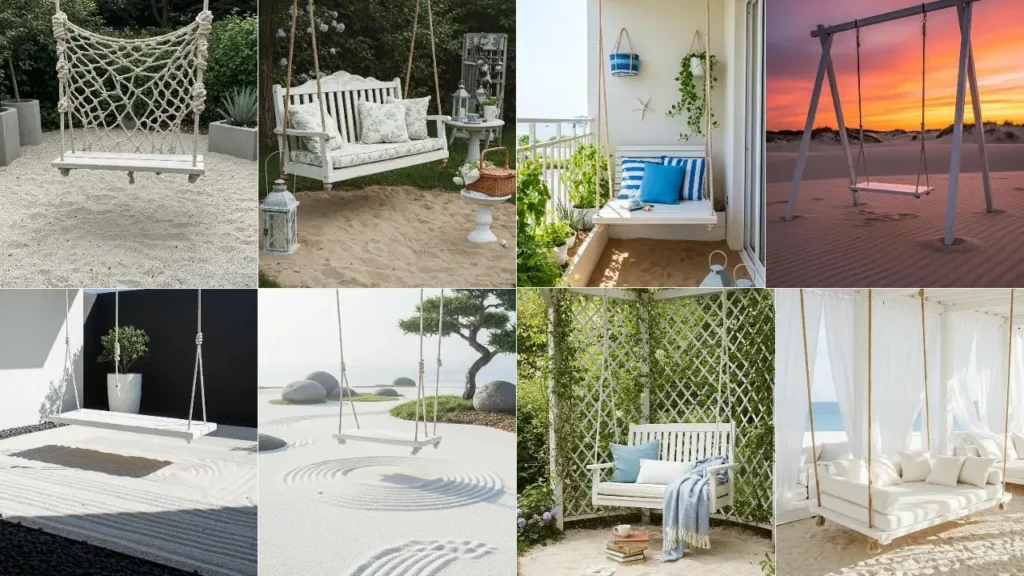 Collectie witte houten schommels in strandstijl met touwaccenten en zacht zand eronder.