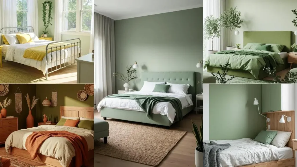 Diverse serene slaapkamers met een groen thema in salie, olijf en eucalyptus tinten.