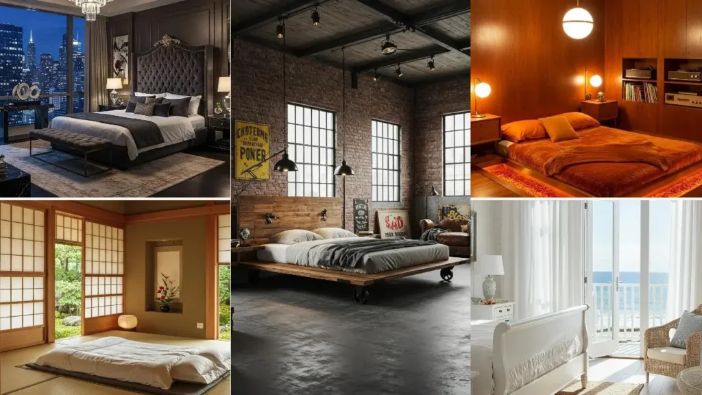 Collage van slaapkamers met bedden die niet tegen de muur staan, verschillende stijlen en interieurs.
