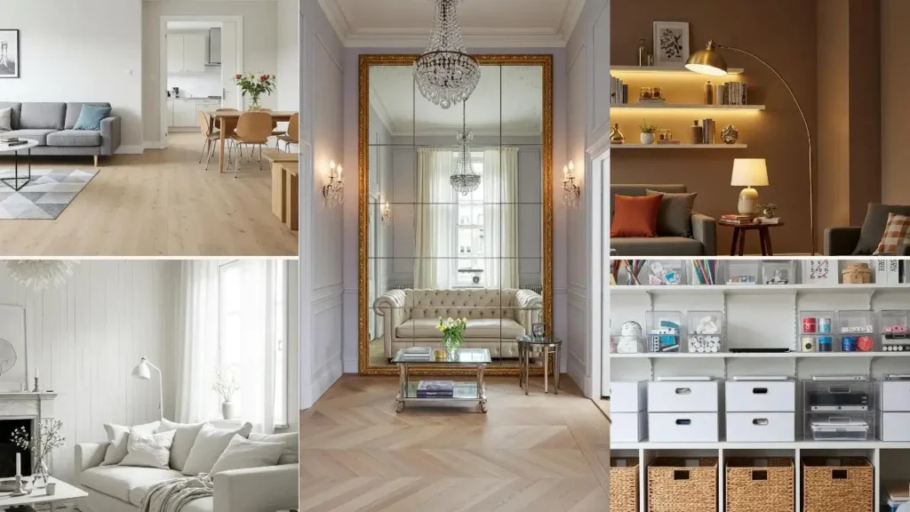 Slimme hacks voor ruimte: interieur met spiegel, open kasten en minimalistisch design.