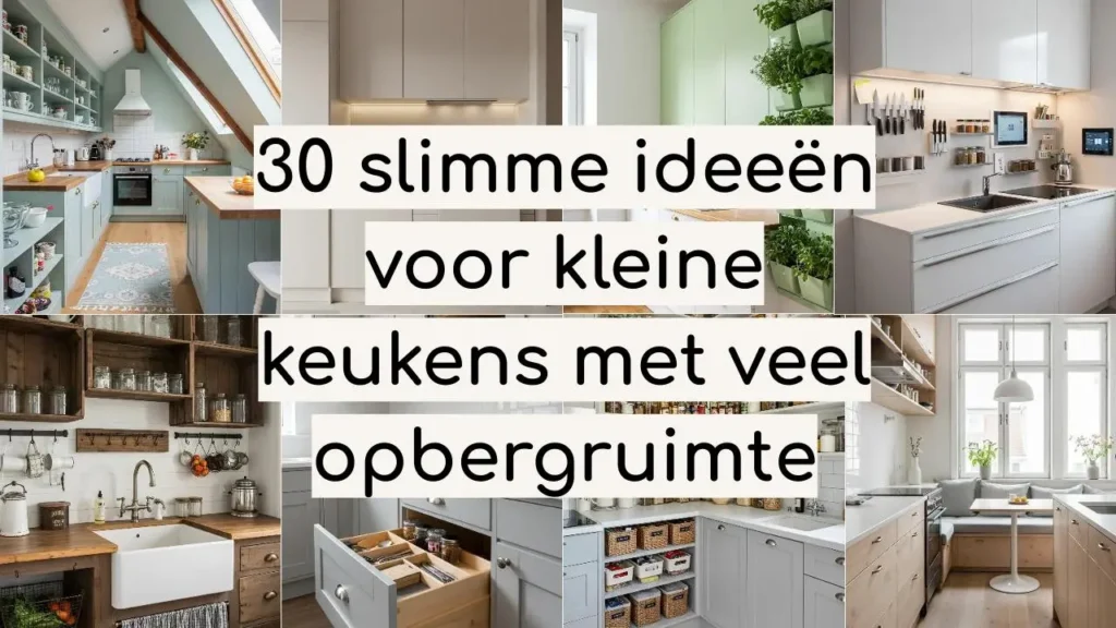 Collage van slimme opbergoplossingen voor kleine keukens: lades, kasten en rekken.