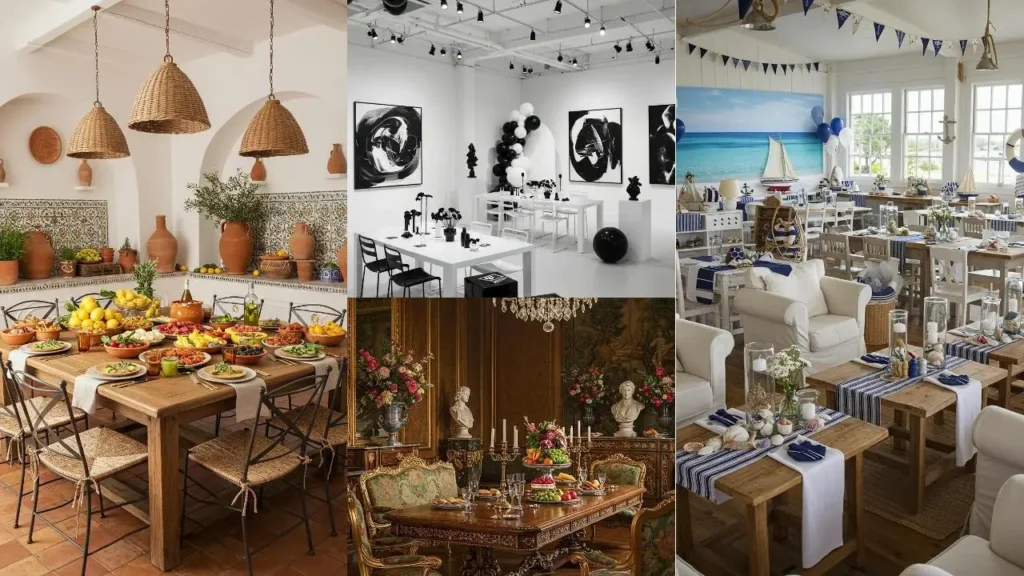 Verschillende stijlvolle interieurdecoraties voor een verjaardagsfeest, van rustiek tot modern en nautisch.