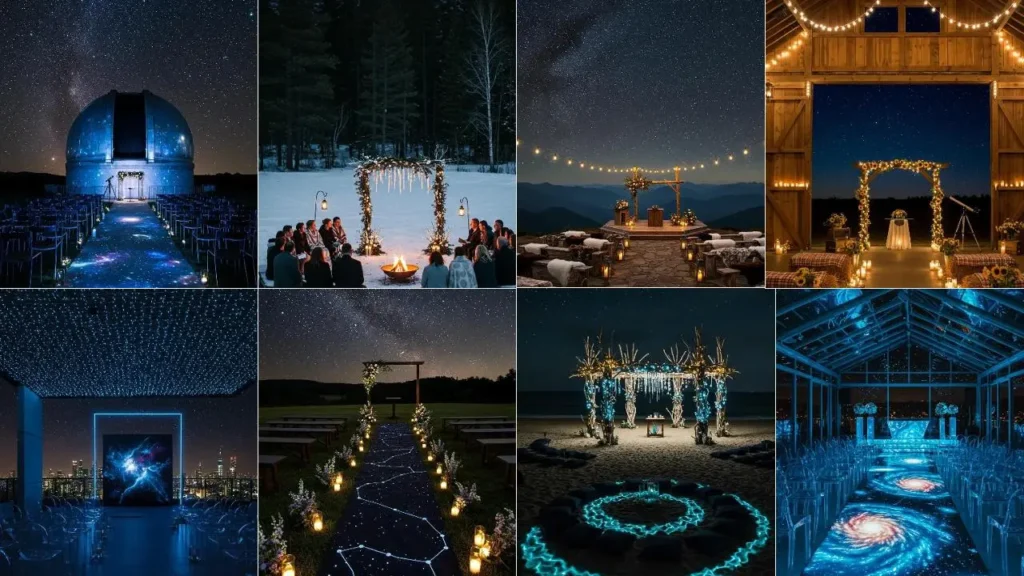 Collage van stylingideeën voor een sfeervolle ceremonie onder de fonkelende sterrenhemel.