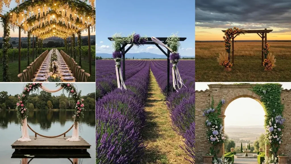 Trouwboog met bloemen in diverse prachtige settings en uitzichten.
