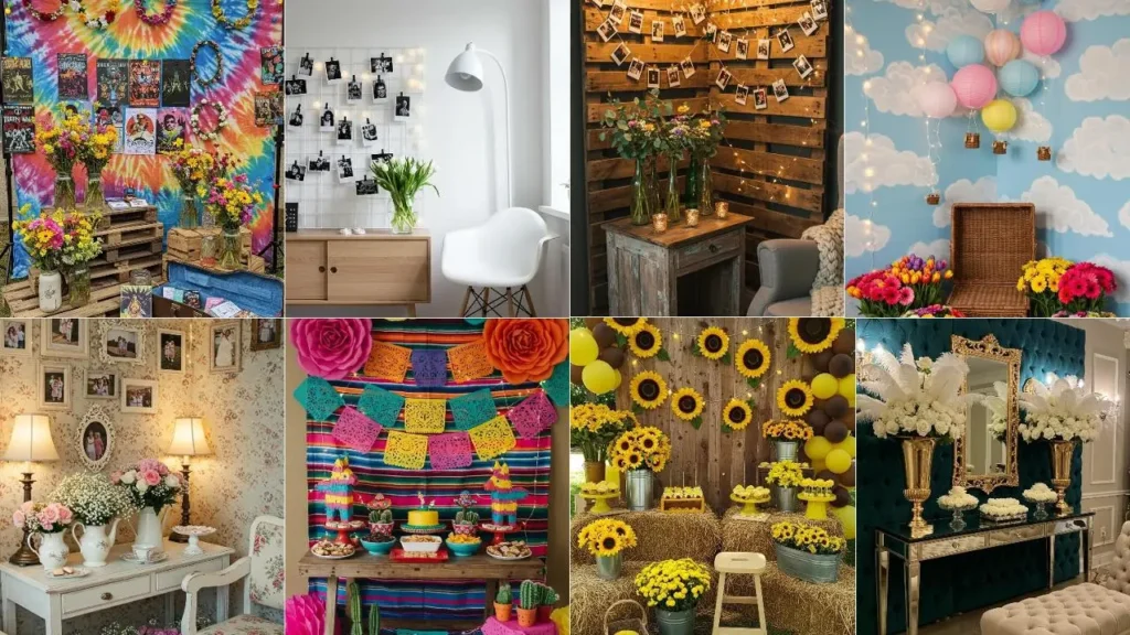 30ste verjaardag hoeken met fotomuren, bloemversiering en sfeervolle lichtslingers voor een feestelijke ambiance.