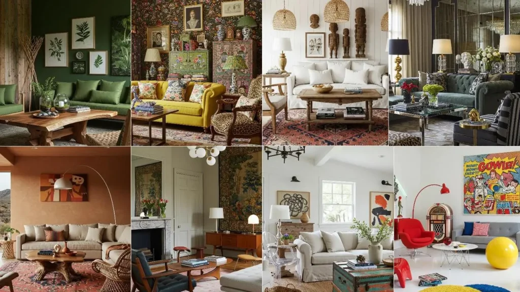 Woonkamers met eclectische inrichting; mismatched meubels die toch een harmonieus geheel vormen.