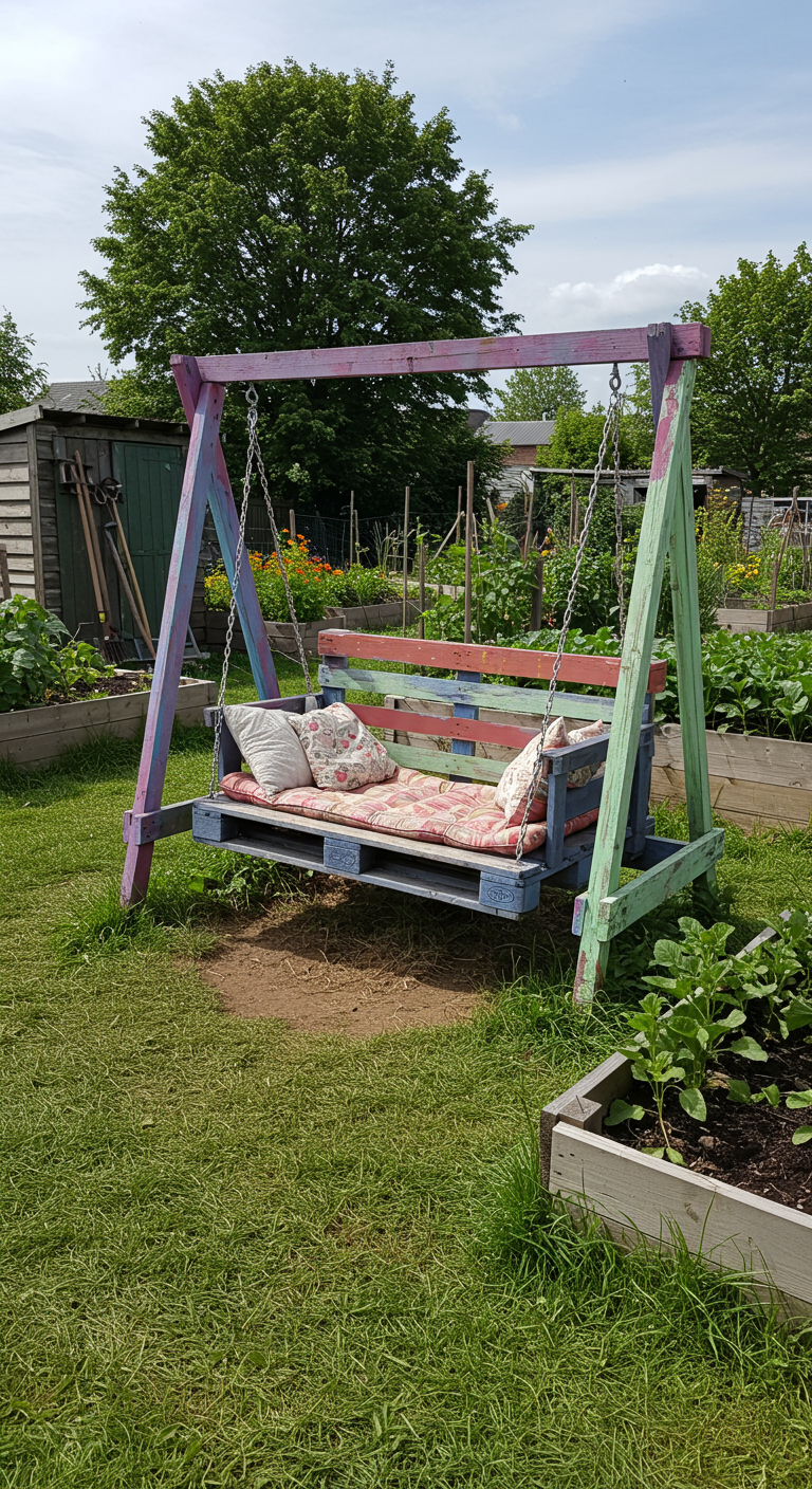 DIY schommelbank gemaakt van pallets, geverfd in vrolijke kleuren, in een moestuin.