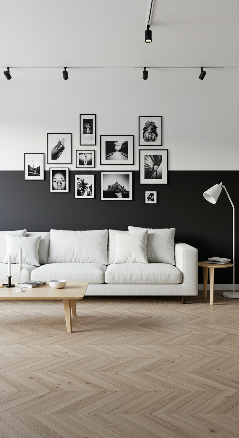 Woonkamer met een muur die half zwart en half wit is geschilderd.