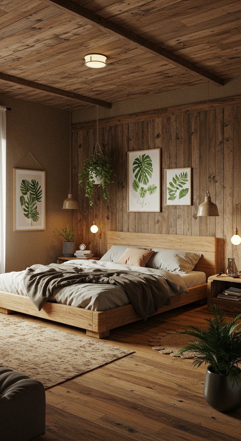 Moderne rustieke slaapkamer met houten wanden en plafond, en botanische prints.