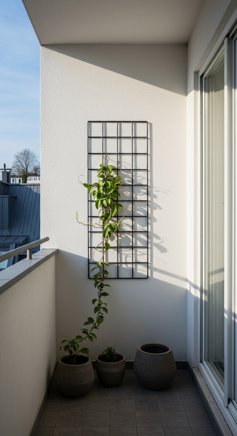 Minimalistisch zwart metalen trellis tegen een witte muur met één enkele groene klimplant.