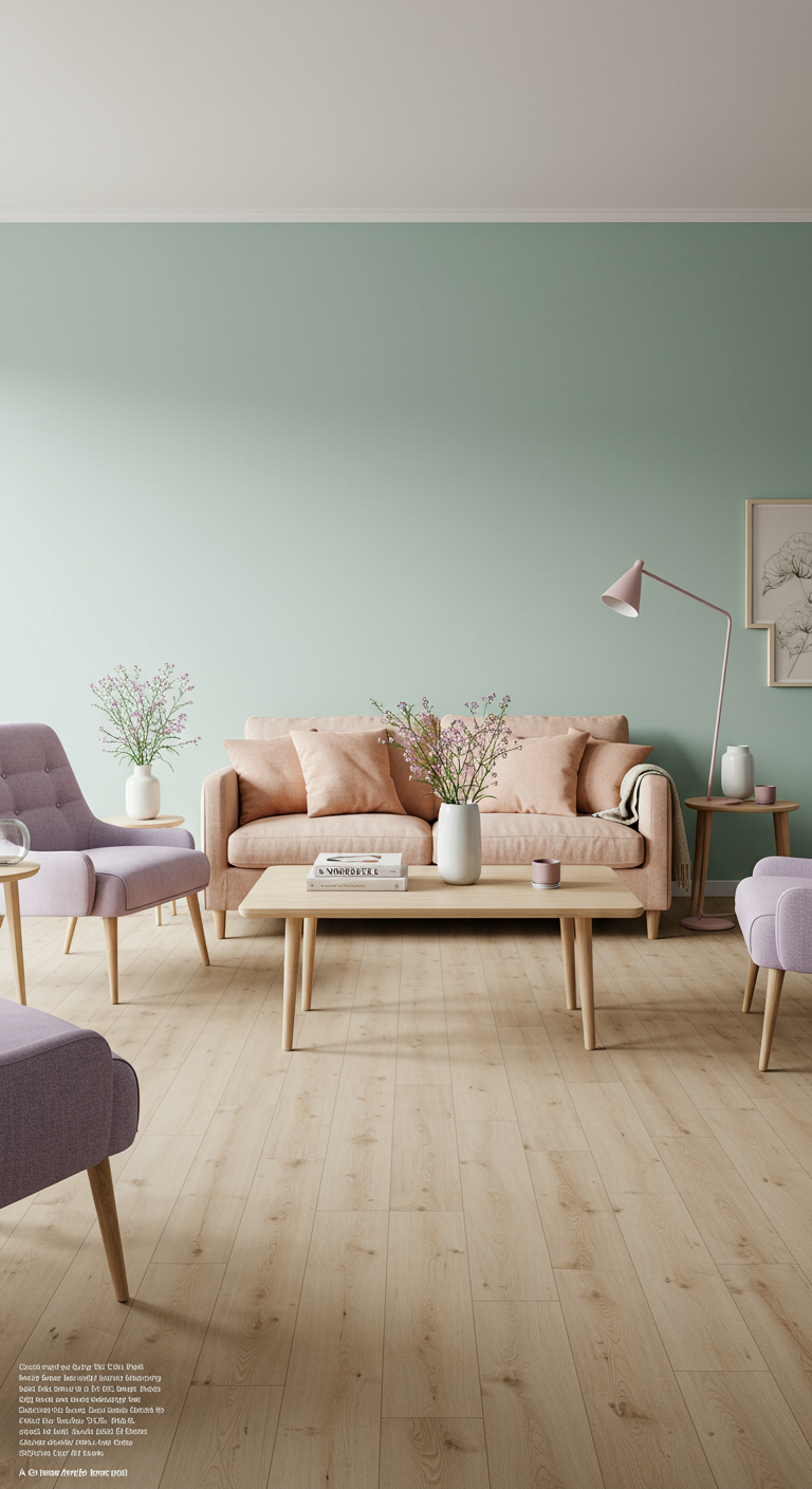 Woonkamer met pastelkleuren: roze bank, paarse fauteuils en mintgroene muur.