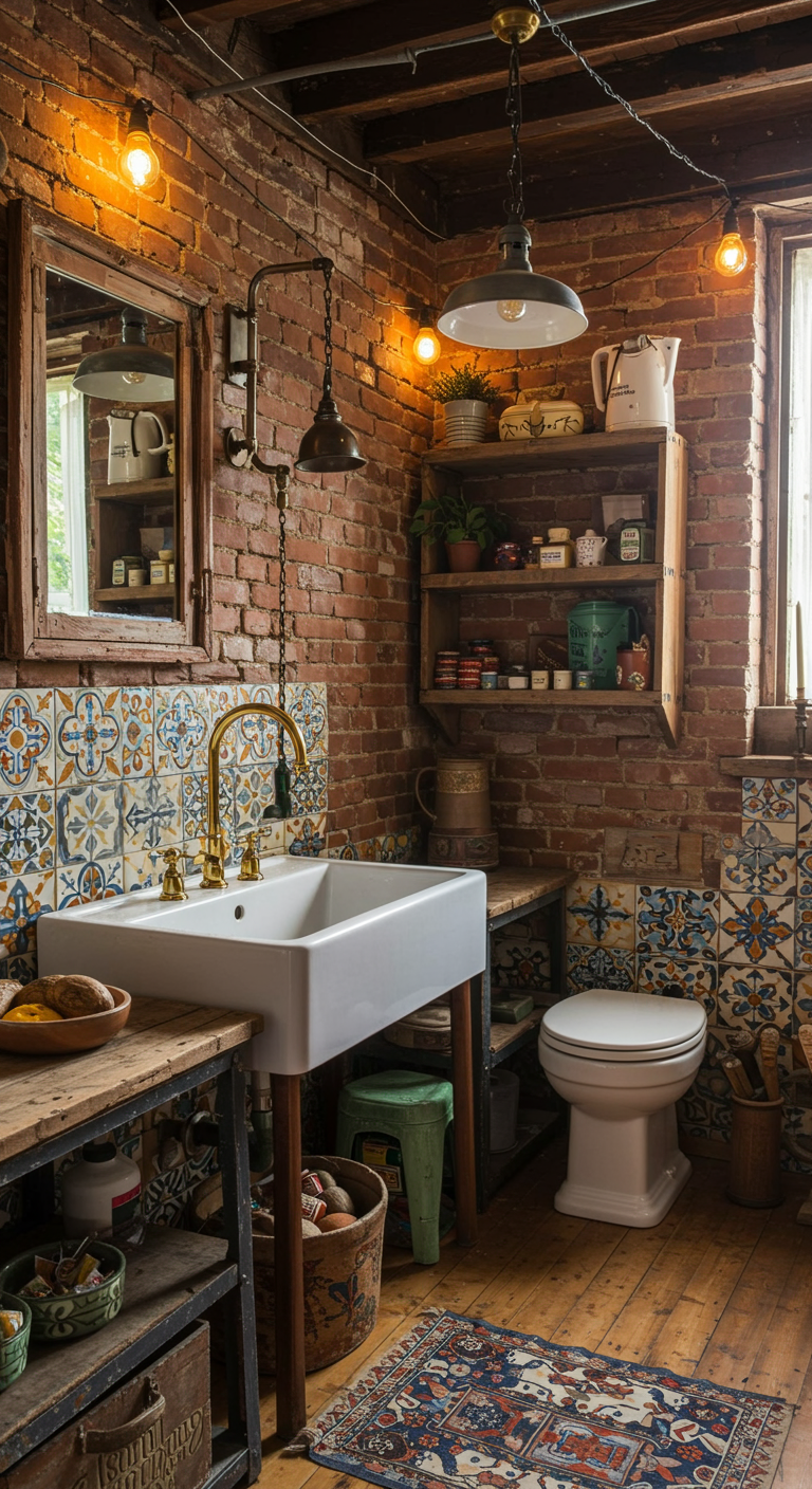 Goudkleurige klassieke wastafelkraan in een rustieke badkamer met baksteen en kleurrijke tegels.