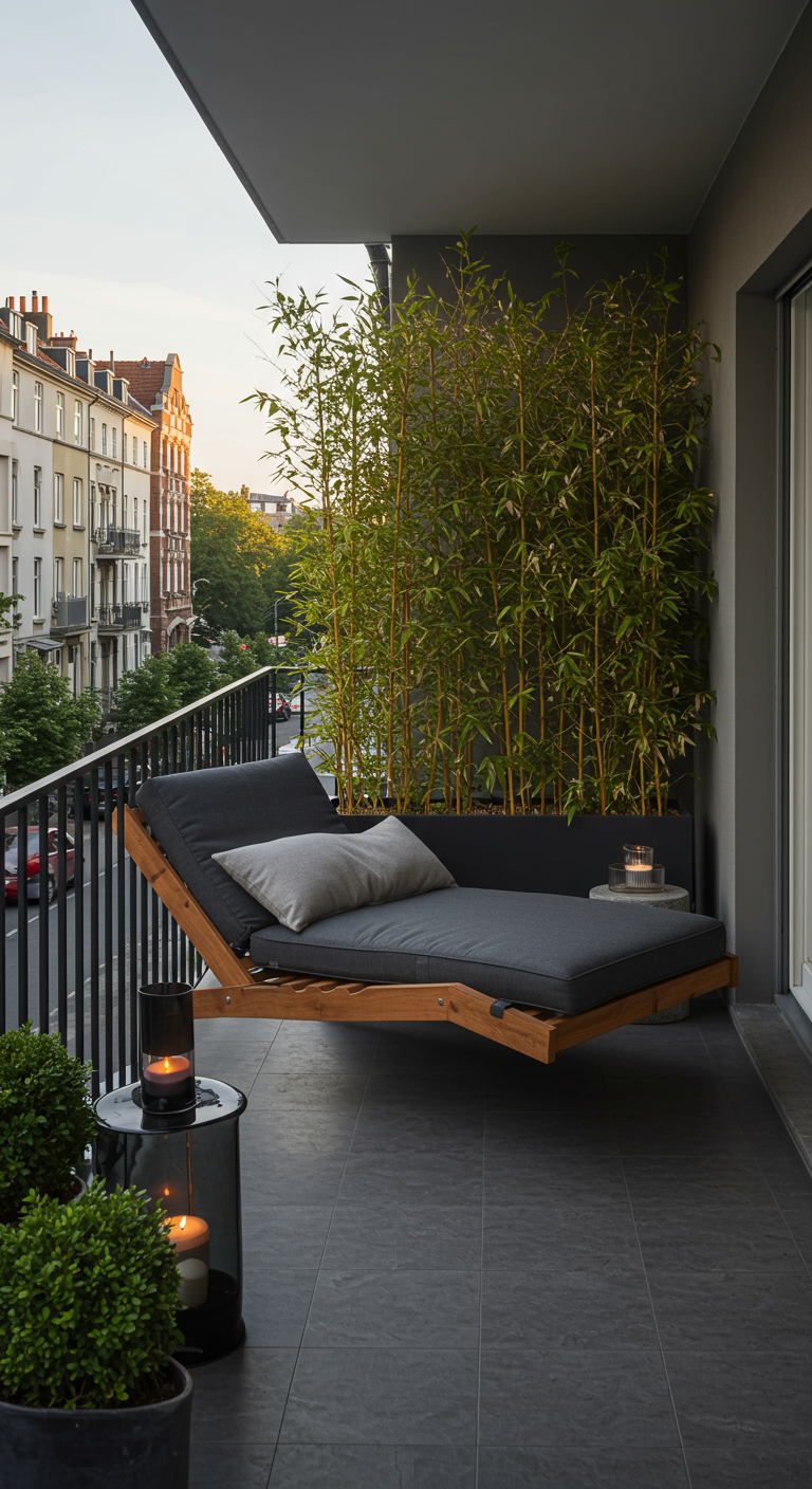 Moderne houten hangende ligstoel op een stadsbalkon met bamboe.