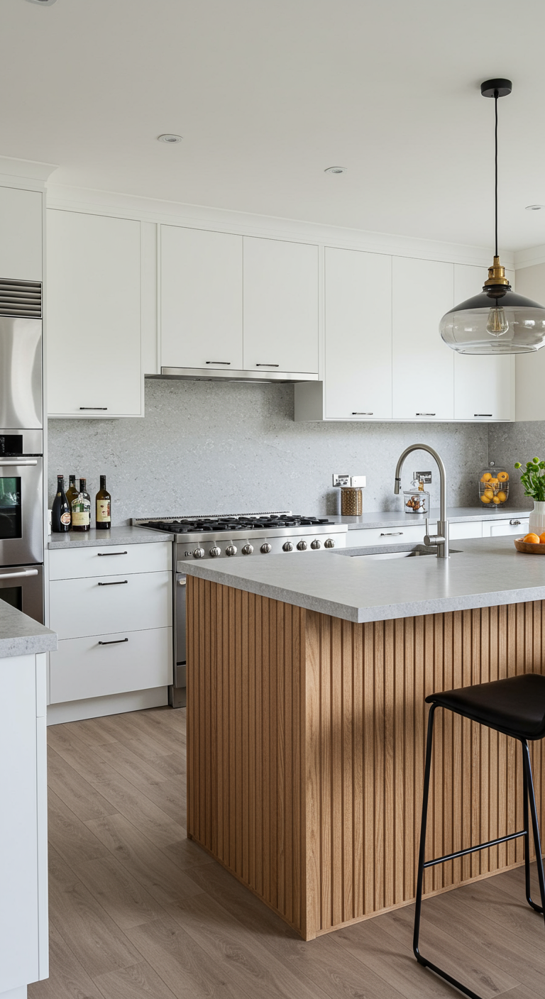 Witte keuken met houten lattenstructuur op het eiland en een grijze achterwand.