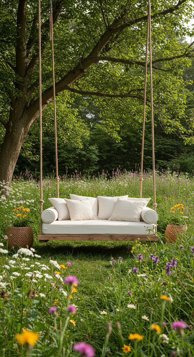 Houten schommelbed met witte kussens, hangend aan een boom in een weide vol wilde bloemen.