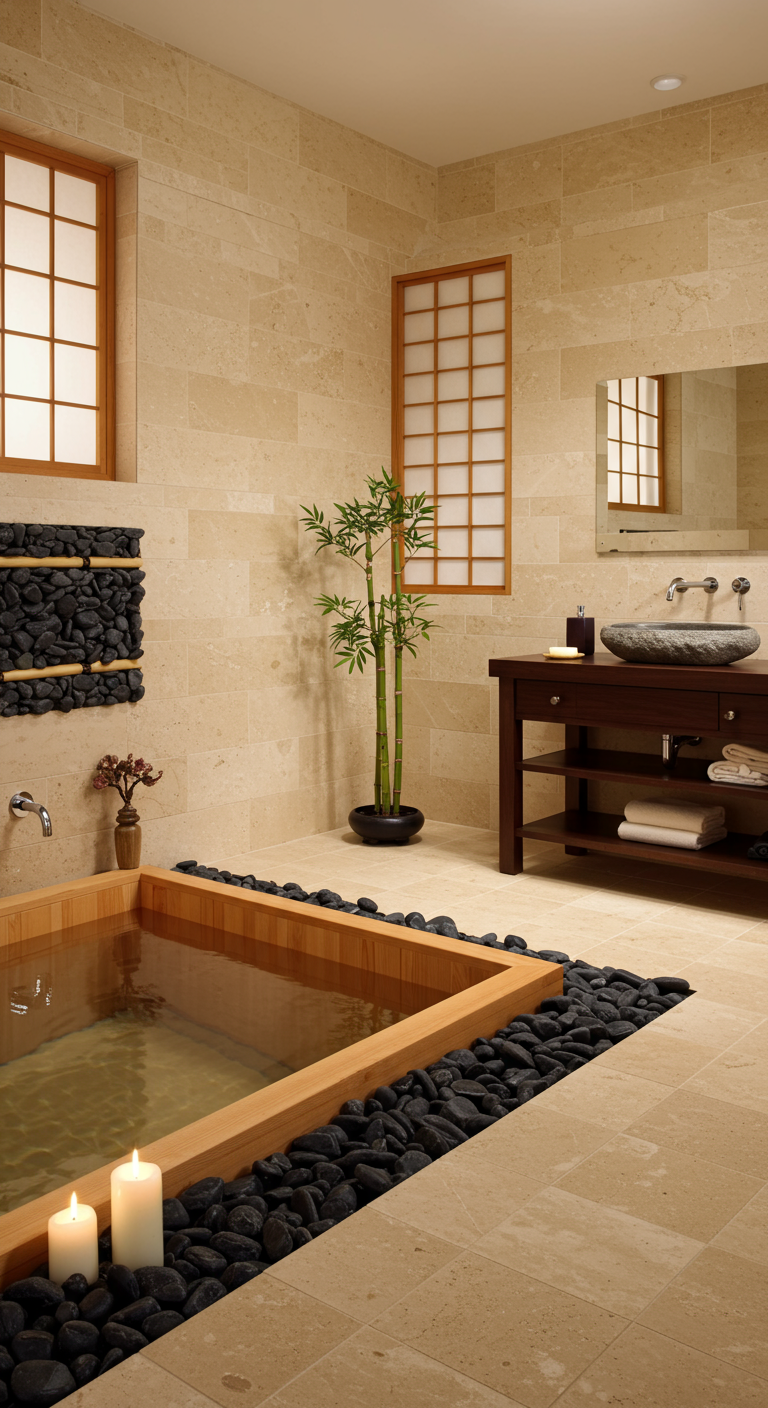 Japandi-stijl badkamer met houten bad, zwarte kiezels, zandkleurige muren en bamboe.