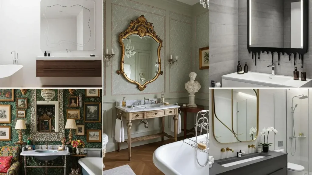 Collage van badkamers met spiegels in onverwachte vormen, die charme toevoegen.