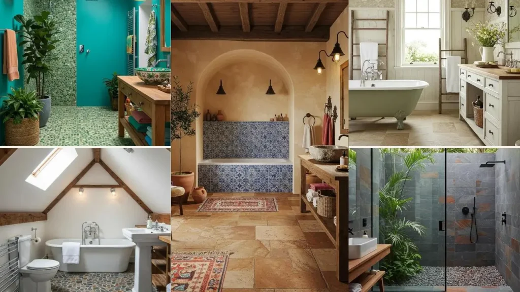 Diverse badkamers met prachtige natuursteen vloeren en stijlvolle interieurs.