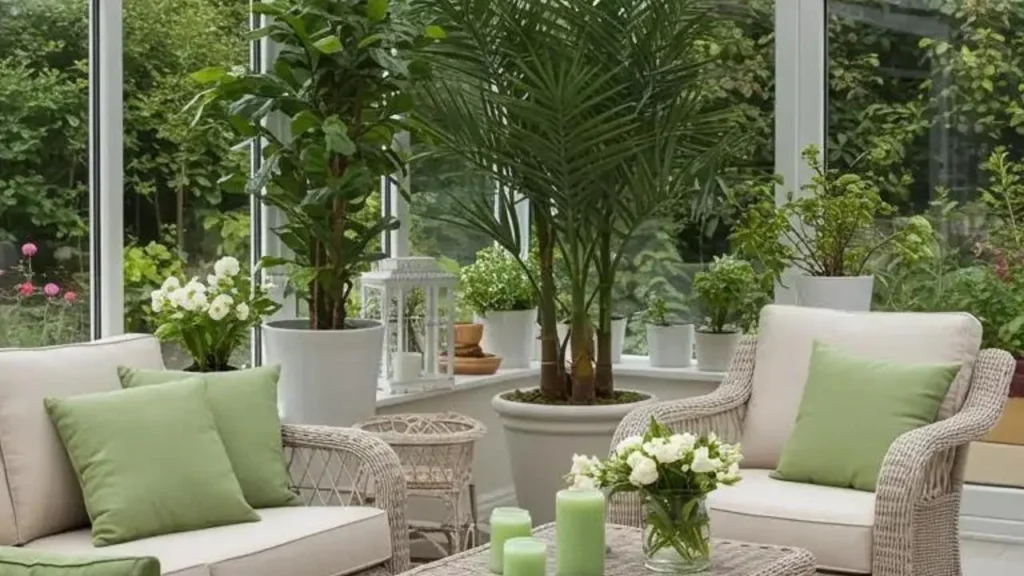 Lichte woonkamer met rotan stoelen, groene kussens en veel planten.
