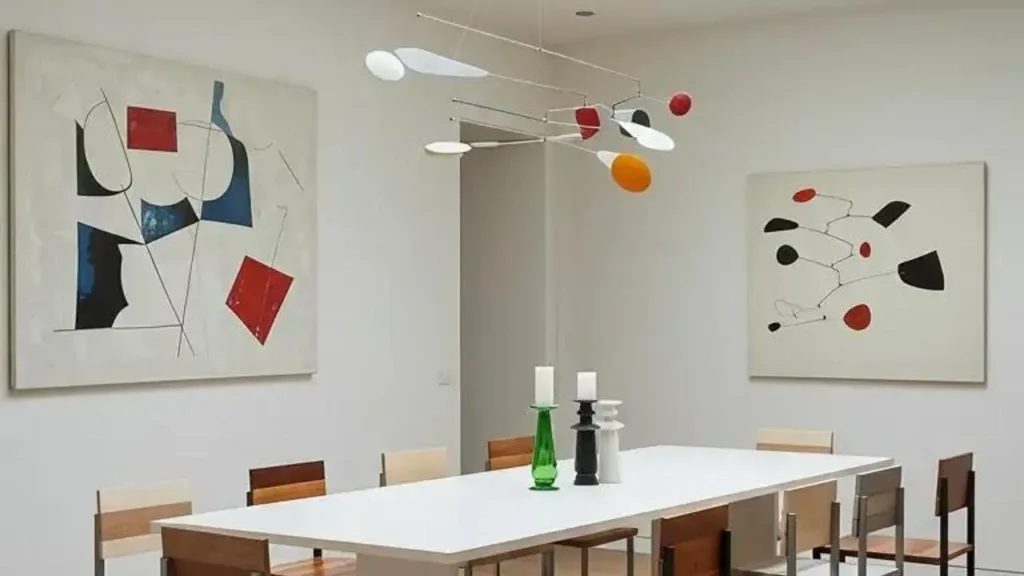 Strakke eetkamer met design stoelen die als kunstobjecten dienen en moderne abstracte schilderijen.