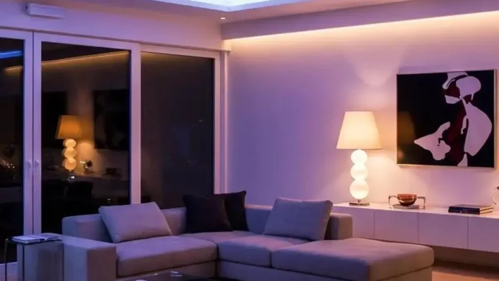Modern interieur met sfeervolle verlichting, lampen en een comfortabele hoekbank.