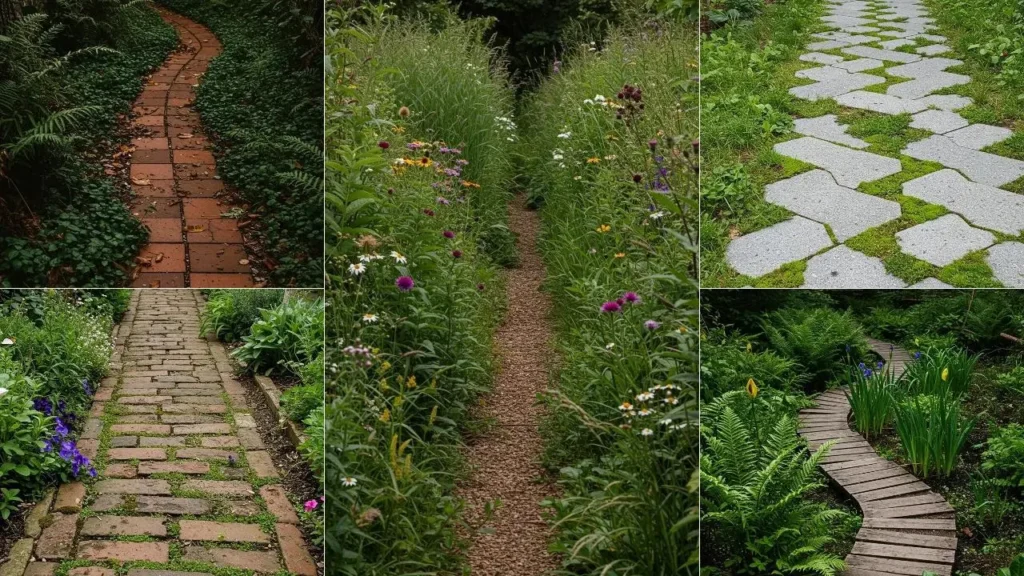 Collage van natuurlijke tuinpaden: baksteen, houtsnippers, hout en stenen, omgeven door groen en bloemen.