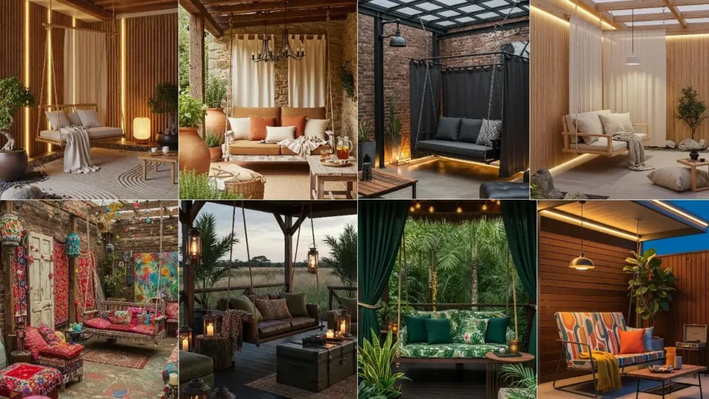 Diverse overdekte terras schommels met doeken, sfeerverlichting en loungekussens.
