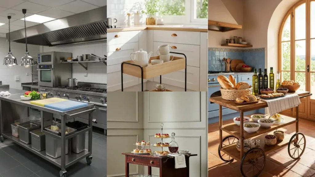 Gedetailleerde keukentrolleys met verschillende stylingideeën voor het serveren en decoreren van de keuken.