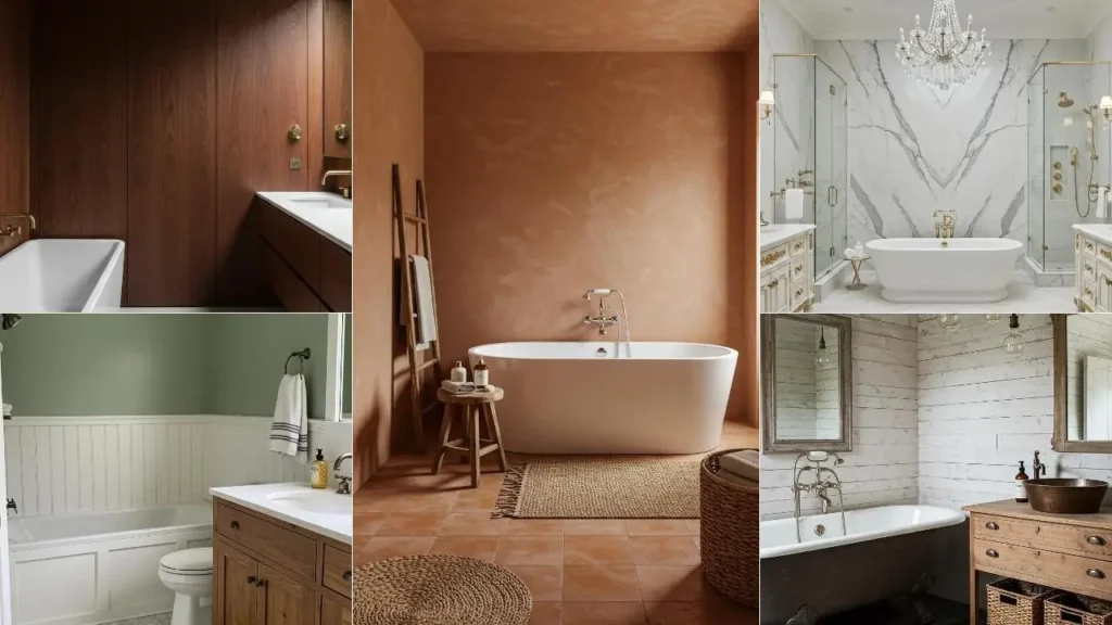 Badkamers zonder tegels: Inspiratie voor styling met bad, houten wanden, en decoratieve details.