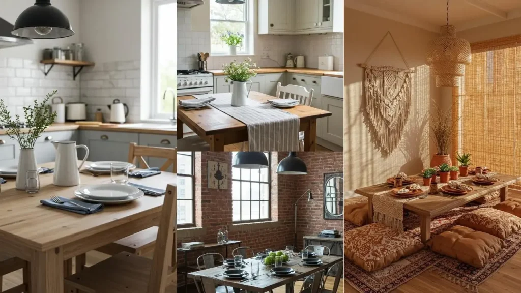 Collage van alledaagse tafeldecoraties, niet alleen voor de feestdagen. Houten tafels, bloemen, modern en rustiek.