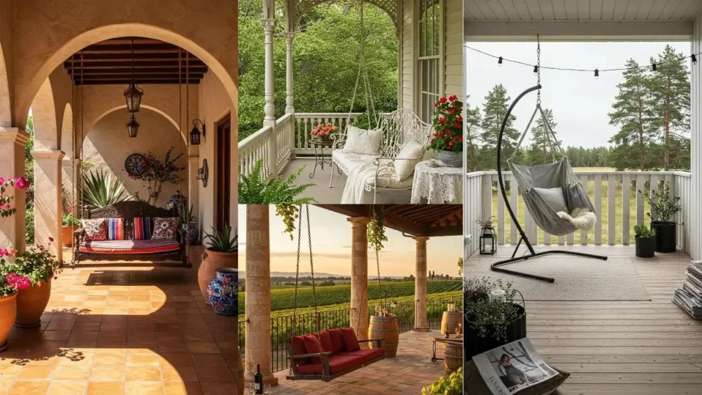 Diverse veranda's met schommels als middelpunt, variërend van rustiek tot modern.