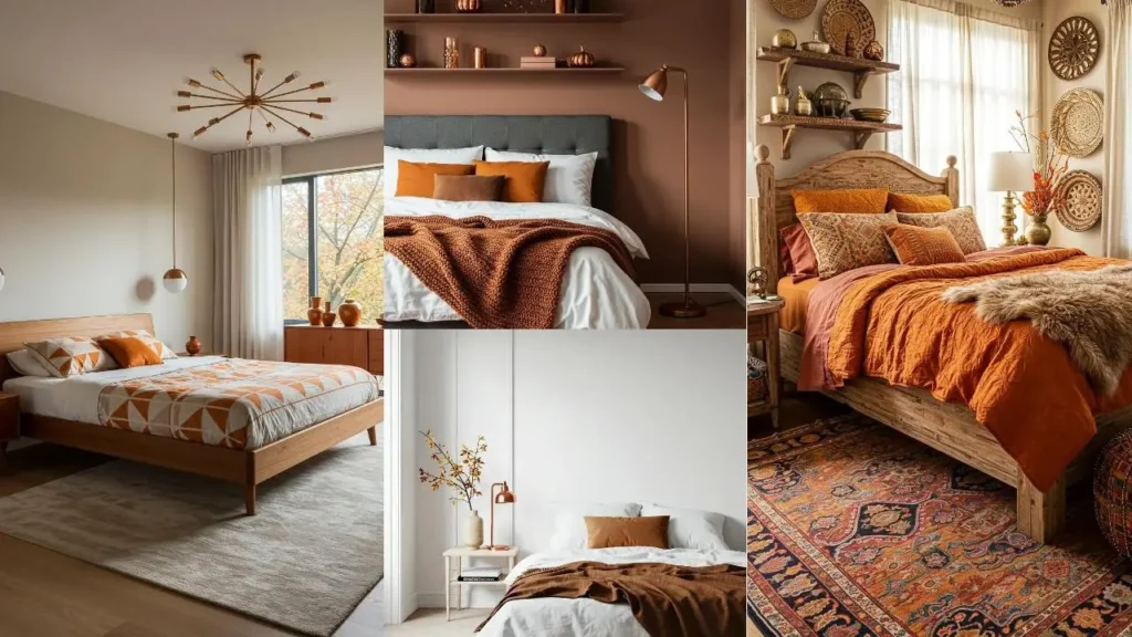 Herfst slaapkamers ingericht met warme tinten koper, kastanjebruin en pompoenoranje.