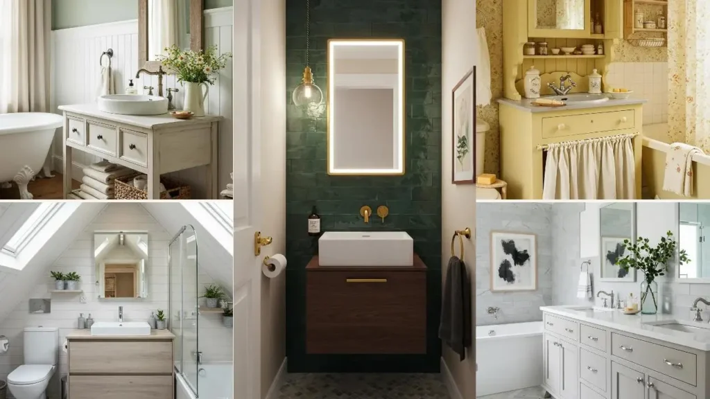 Collage van 5 badkamers met mooie, praktische wastafelkasten.