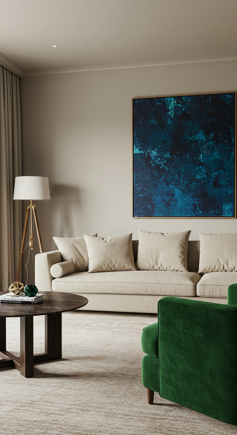 Woonkamer met beige bank, donkergroene velours fauteuil en een groot blauw abstract schilderij.