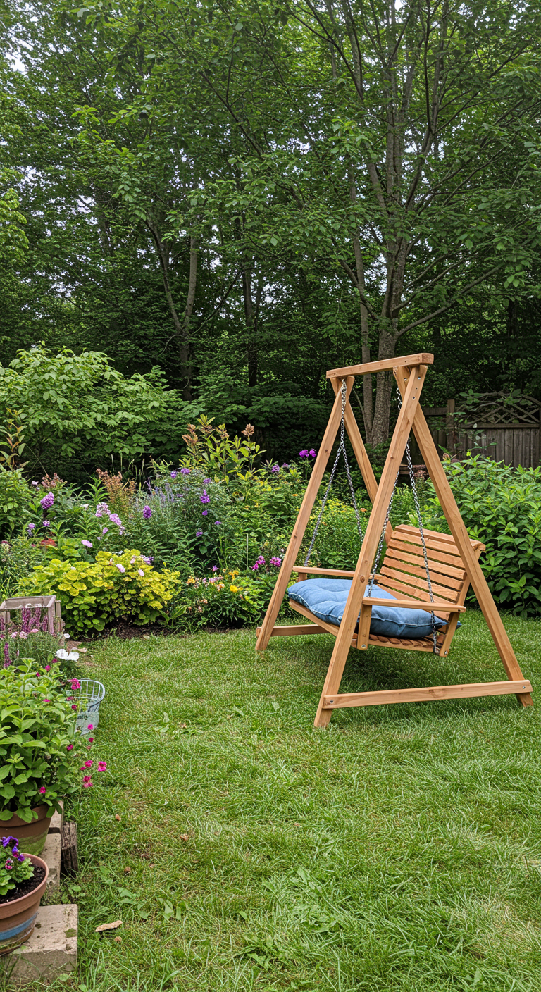 Houten A-frame schommelbank in een weelderige cottagetuin.
