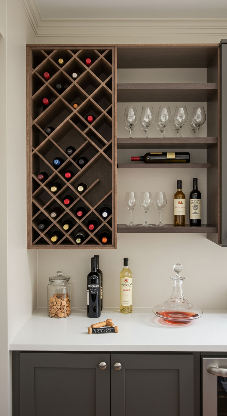 Ingebouwd houten wijnrek en wandplanken met wijnglazen en flessen in een moderne thuisbar-opstelling.
