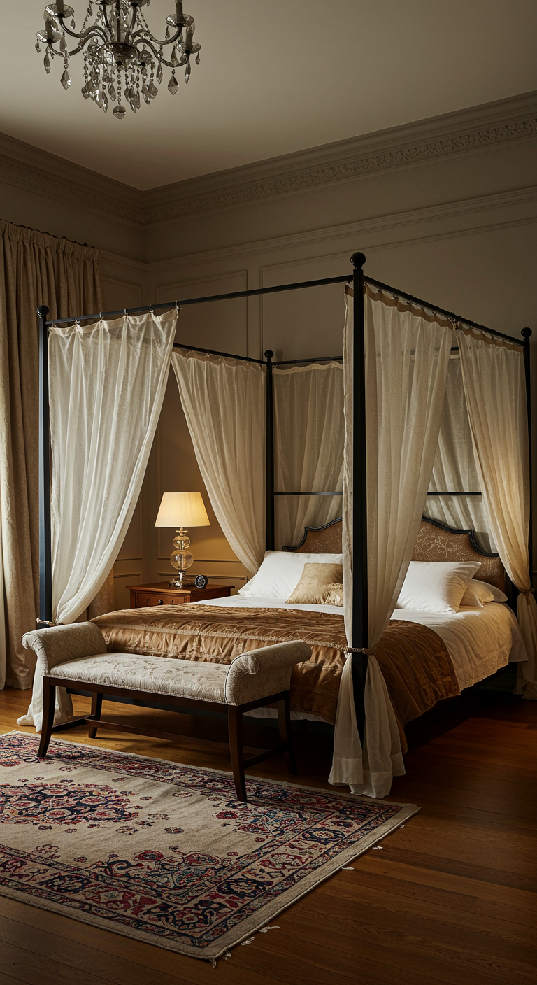 Elegante slaapkamer met hemelbed, zachte kleuren en klassieke inrichting.