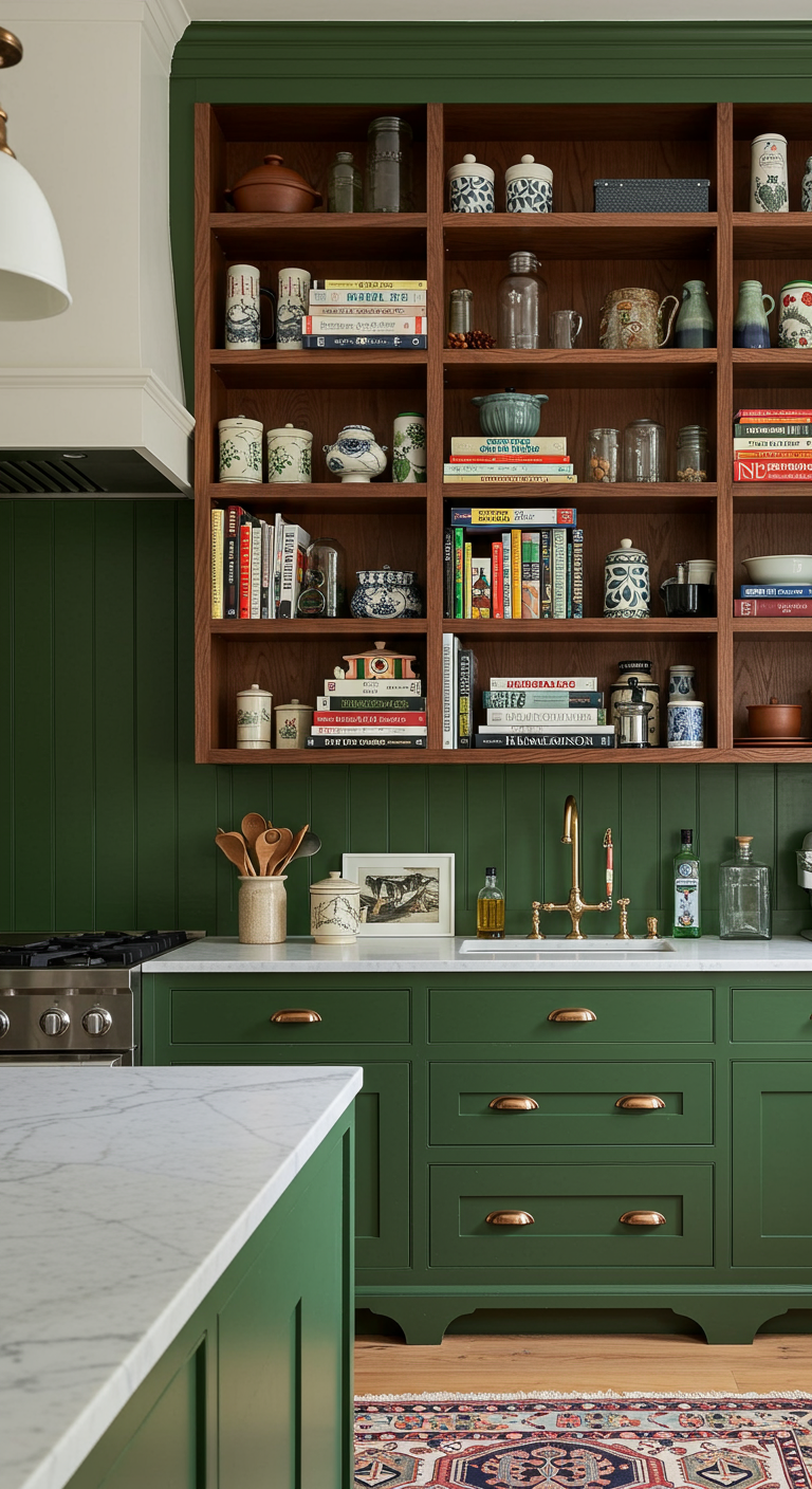 Diepgroene keuken met een grote houten open vakkenkast boven het aanrecht vol boeken en servies.
