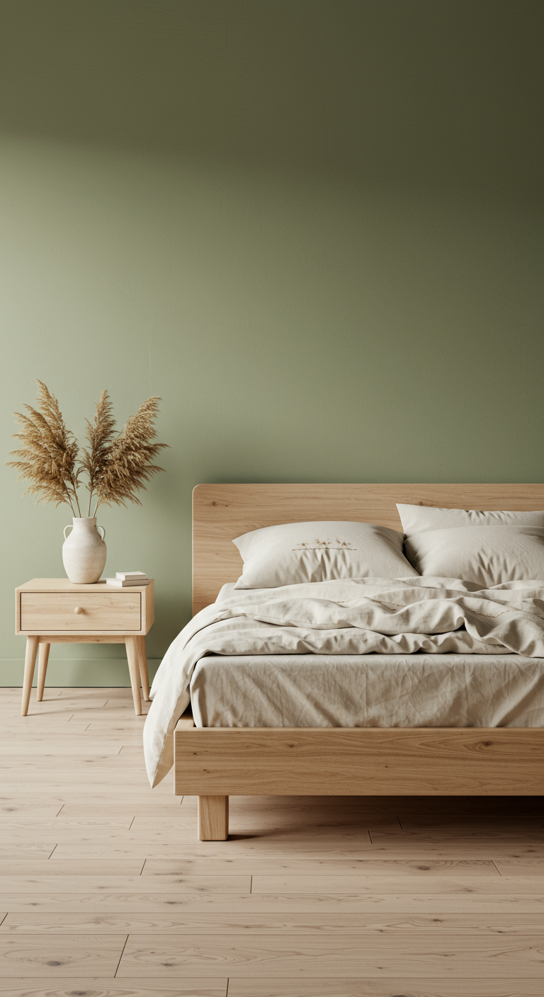 Minimalistische slaapkamer met zacht olijfgroene muur, houten bed en naturel linnen beddengoed.